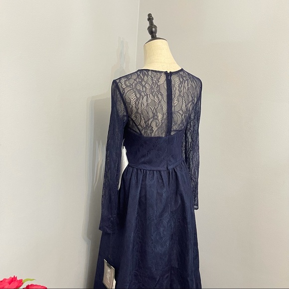 # Mac Duggal Long Sleeve Lace Column Gown With Overskirt - Picture 13 of 16